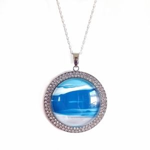 Sterling silver necklace with blue acrylic paint pour crystal pave pendant NEW